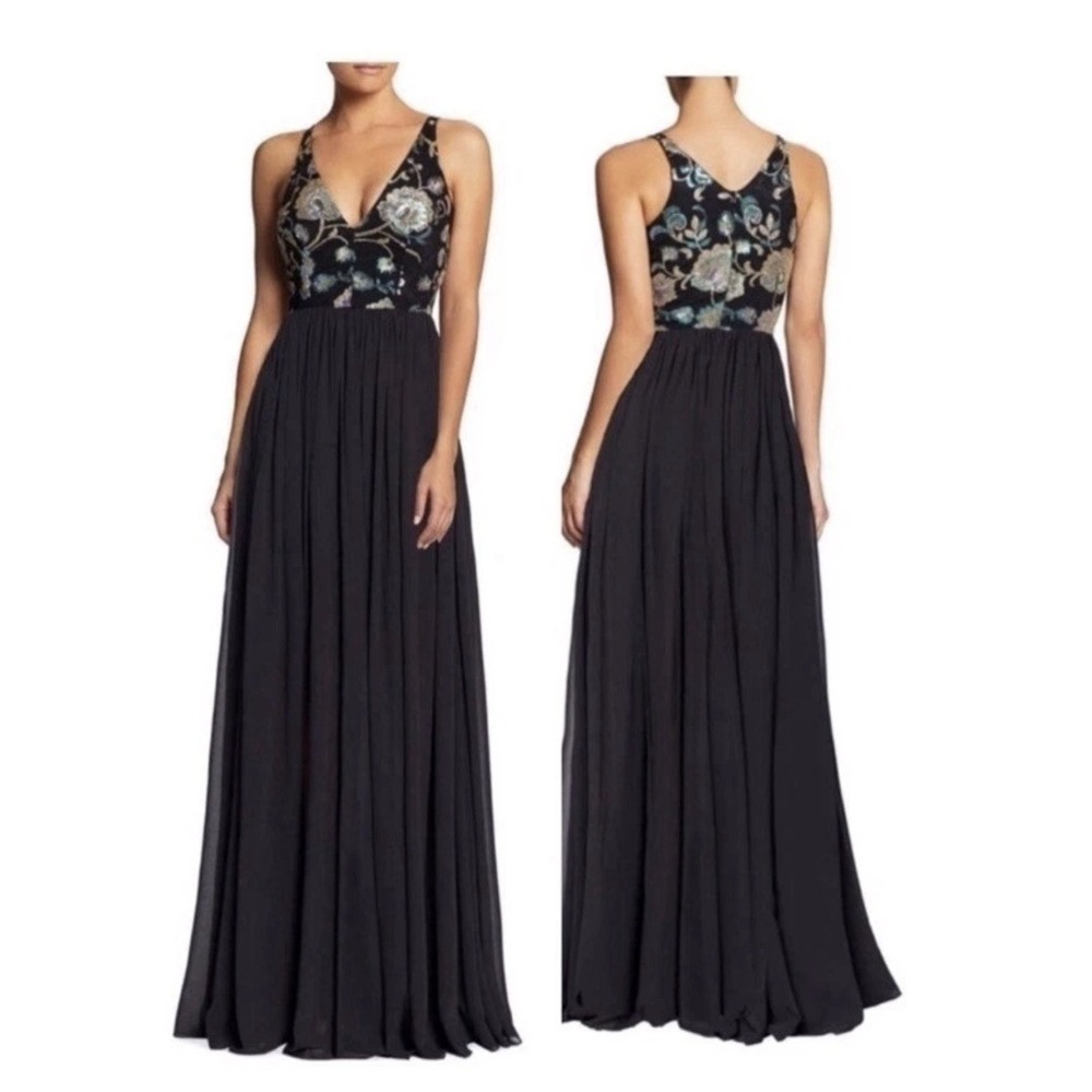Dress the Population Maxi‎ Dress Womens M Black Embroidered Floral Formal Gown